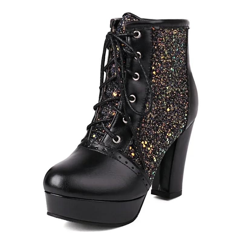 

Glitter Silver Gold Ankle Boots Women High Chunky Heel Red Sequined Cloth Party Ladies Winter Plush Lace-up Platform Short Boots 46 чёрный