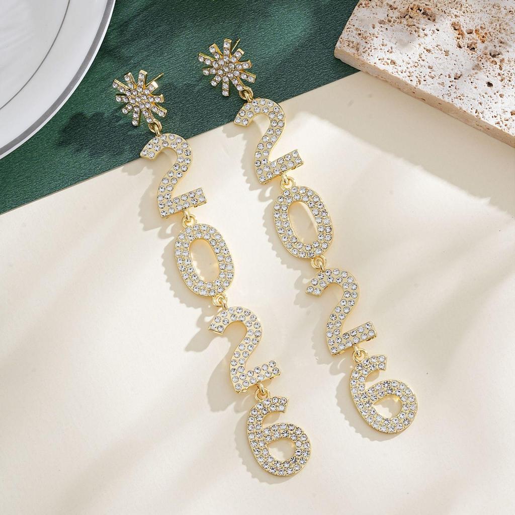 2026 Snowflake Number Dangle Earrings – Diamond-Inlaid, Super Shiny, High-End Feel