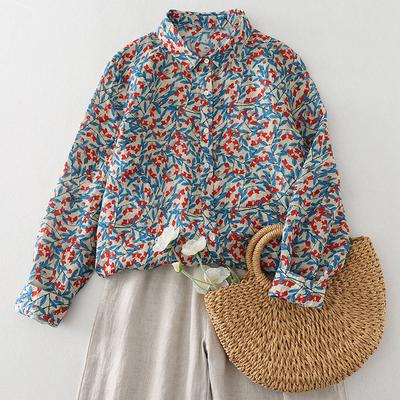 Spring Autumn Blue Leaf Floral Print Versatile Artistic Loose Casual Collar Long Sleeve Shirt Blouses & Shirts
