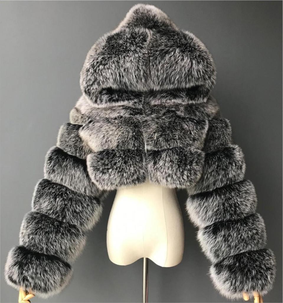 Furry Cropped Faux Fur Coats Bundy Dámske Fluffy Top Coat Krátke zimné kožušinové kabátiky s kapucňou