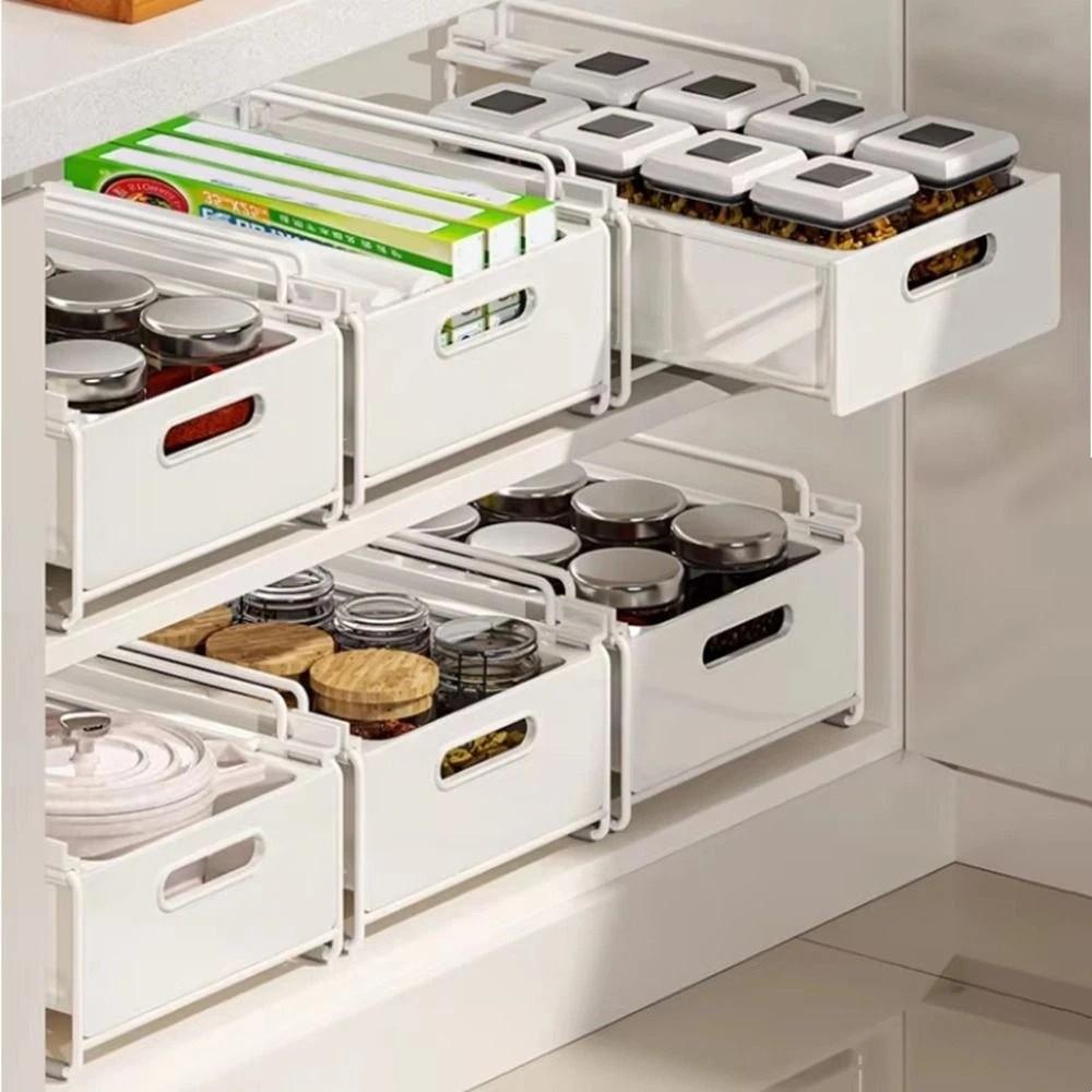 Drawer Type Pull-out Storage Basket Large Capacity Cabinet Storage Box  for Kitchen