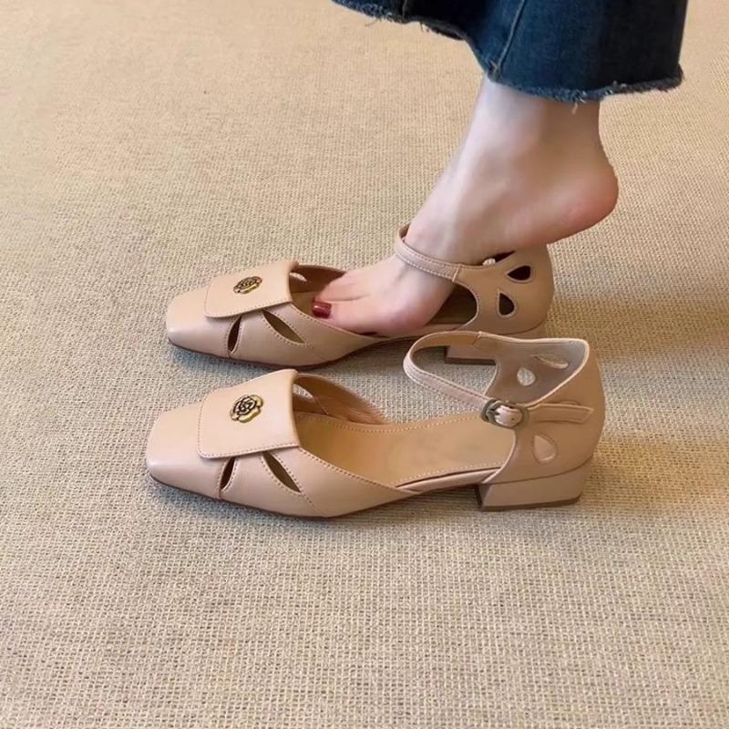 French Toe Sandals Women's Summer Thick Heel High Heels Hollow Mary Jane Single Shoes