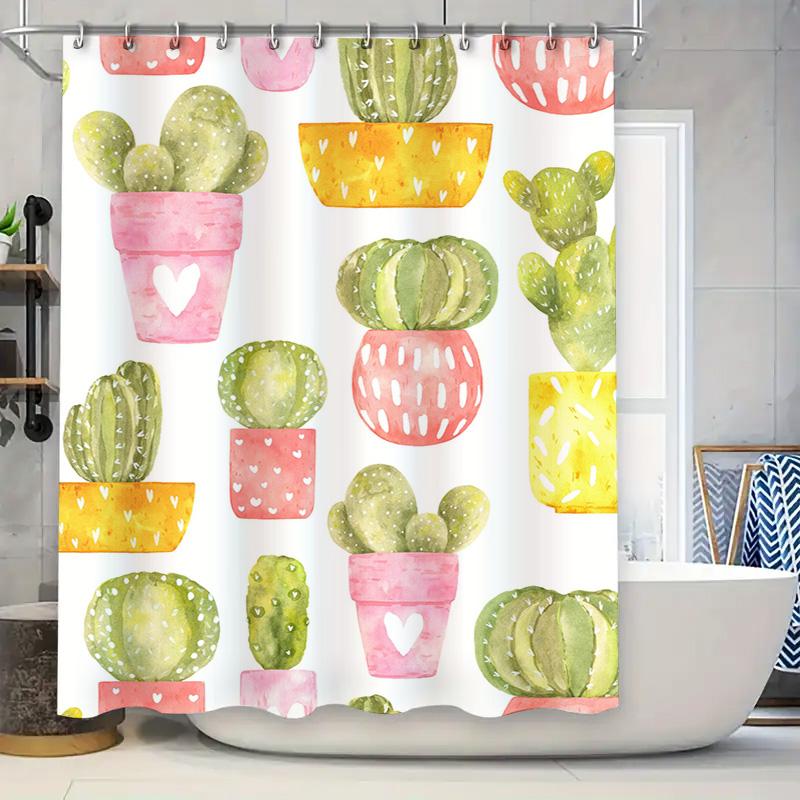 

Colorful Cactus Shower Curtain Watercolor Houseplants Decor For Bathroom Pink, Green Yellow Floral Design New W60H190(CM)-1 Pcs
