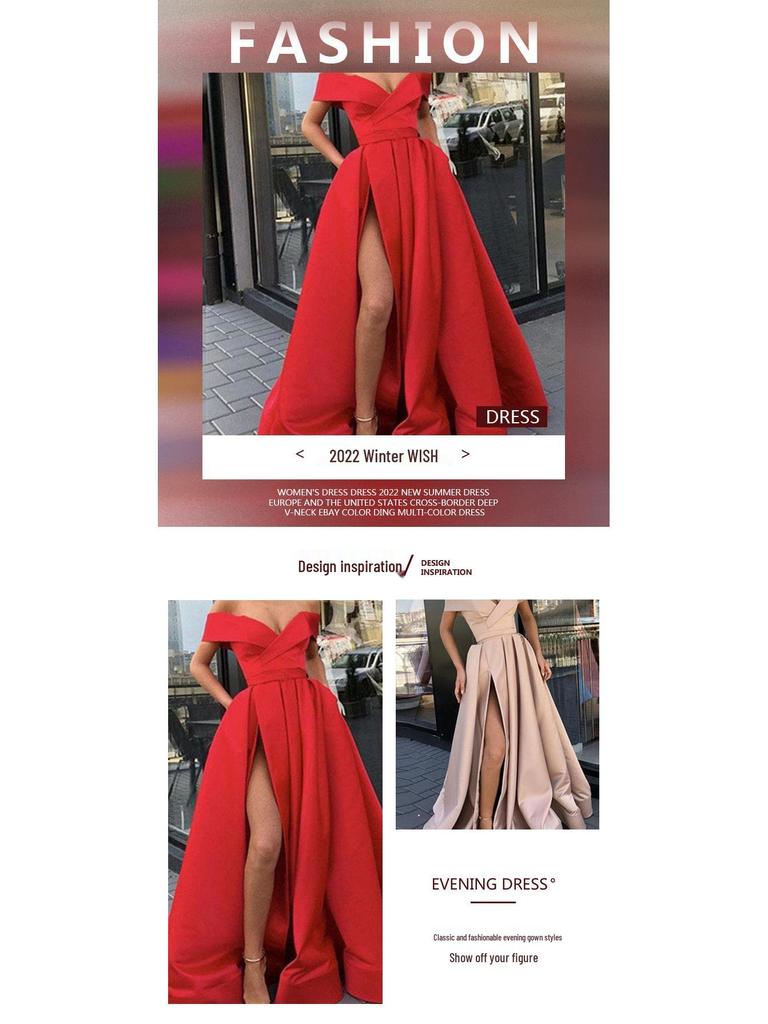 Women's 2025 Deep V-neck Satin Evening Dress, Multi-color European & American Style