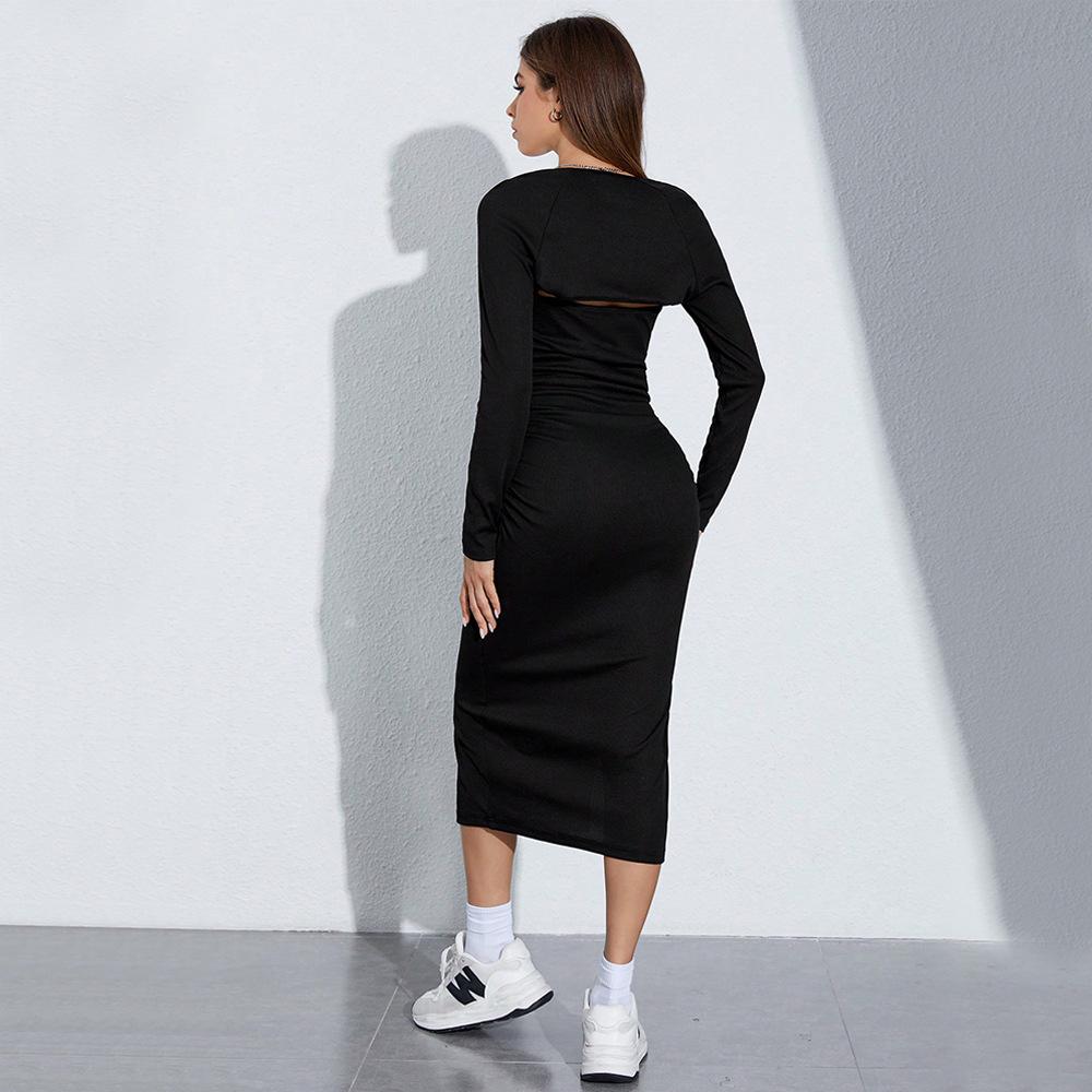 European and American women's clothing autumn and winter split hip wrap medium and long dress sexy tube top long sleeve two-piece dress