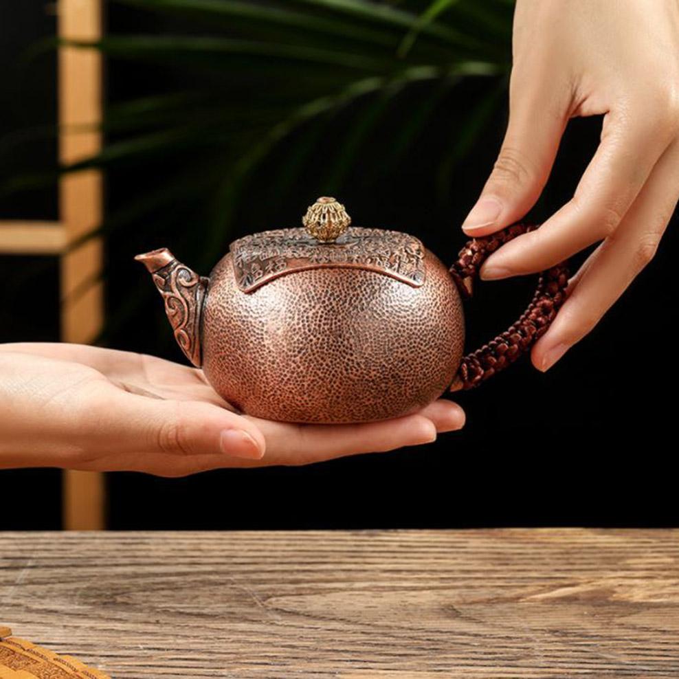 Pure copper small teapot, Hand hammered red copper tea kettle, Health boiling tea pot, Kung Fu tea set for home