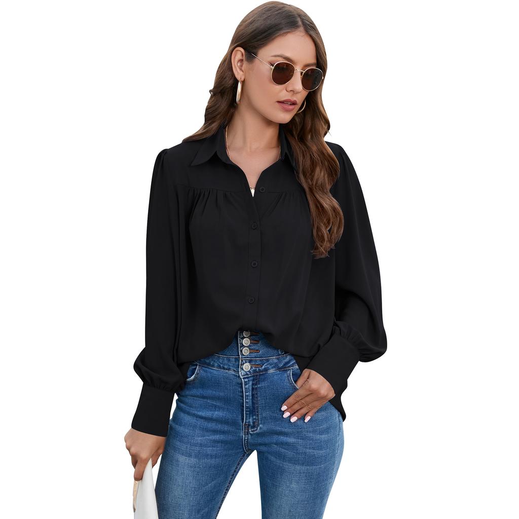 Spring and Autumn Women's Shirt Pleated Long Sleeve Blouse Tops Temperament Elegant Plus Size