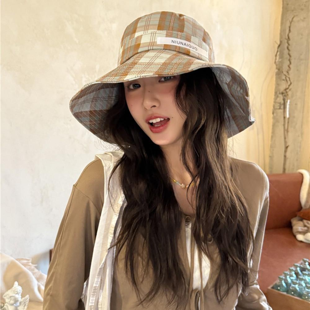 Plaid fisherman's hat children summer versatile big brim show face small sun hat sunscreen sun hat tide