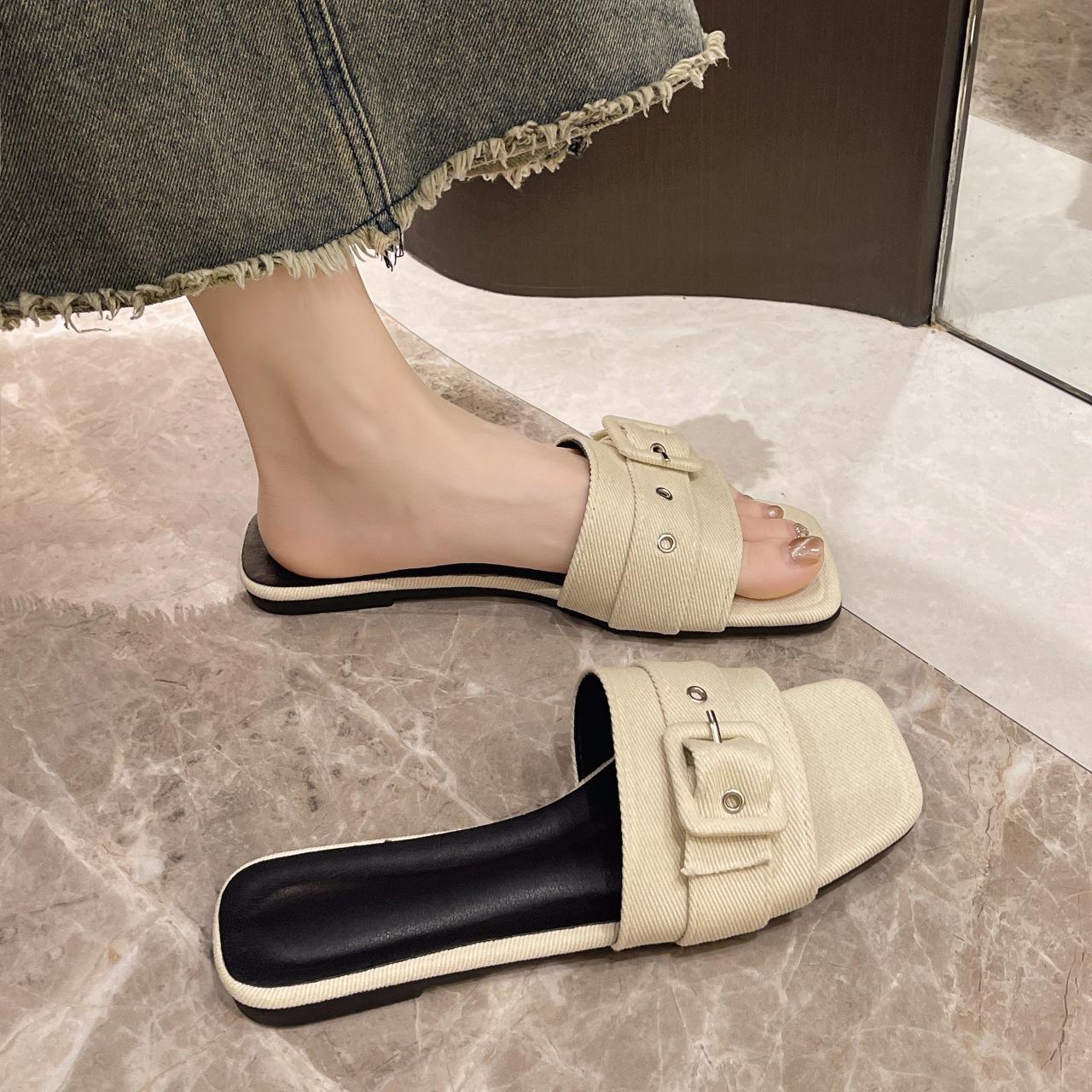 

Women s denim Flat Shoes Summer Slides Open Toe Flat Casual Shoes Solid Color buckle Sandals Simple Fashion Slippers 43 бежевий
