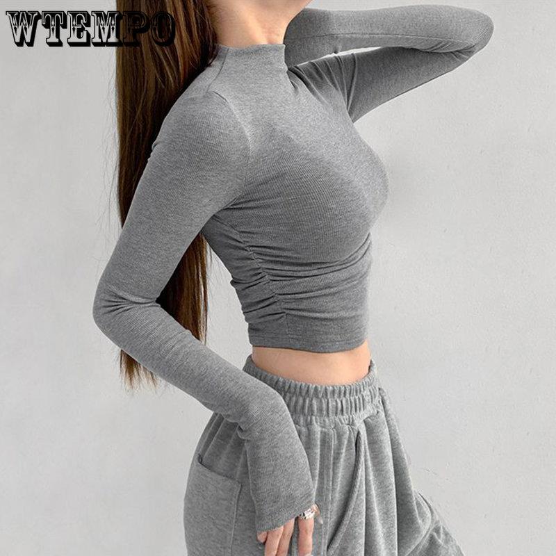 Ins Half High Neck Pleated Knitted Bottoming Shirts Women Stretchy Slim Thin Short Section Inside Long Sleeve Jumper Tops