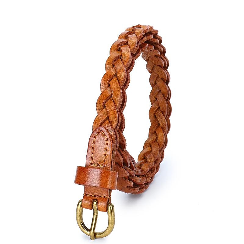 Woven Belt Women'S Leather Casual Pin Buckle Decoration First Layer Cowhide Thin Belt Fashion Style Small Waist Seal