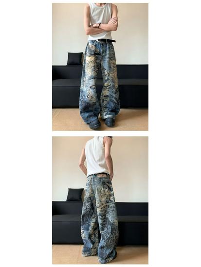 Women's Retro Graffiti Wide Leg Jeans - Casual Distressed Long Pants