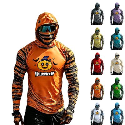 Herren Lässiges Kapuzen-Langarm-Raglan-Farbblock-Sonnenoberteil mit Halloween-Print (Ohne Brille )