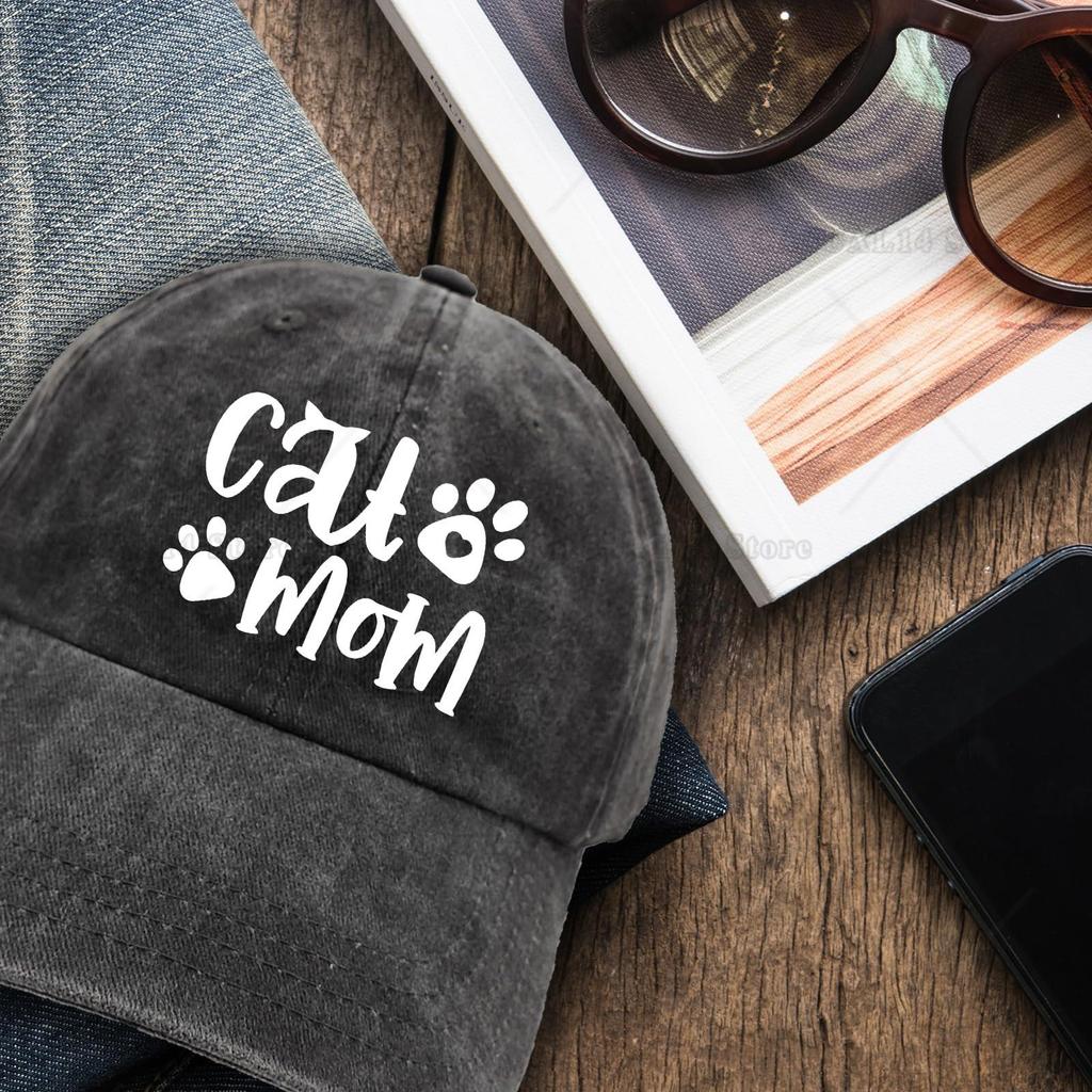 Funny Women'S Denim Washed Black Baseball Caps Cat Mom White Printed Baseball Hats Classic Cotton Adjustable Baseball Hats