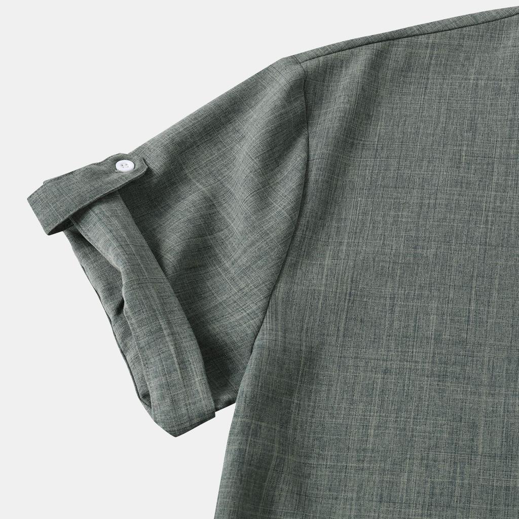 Men's Slim-Fit Stand-Up Collar Solid Color Short-Sleeve Shirt, 2024 Spring/Autumn Collection