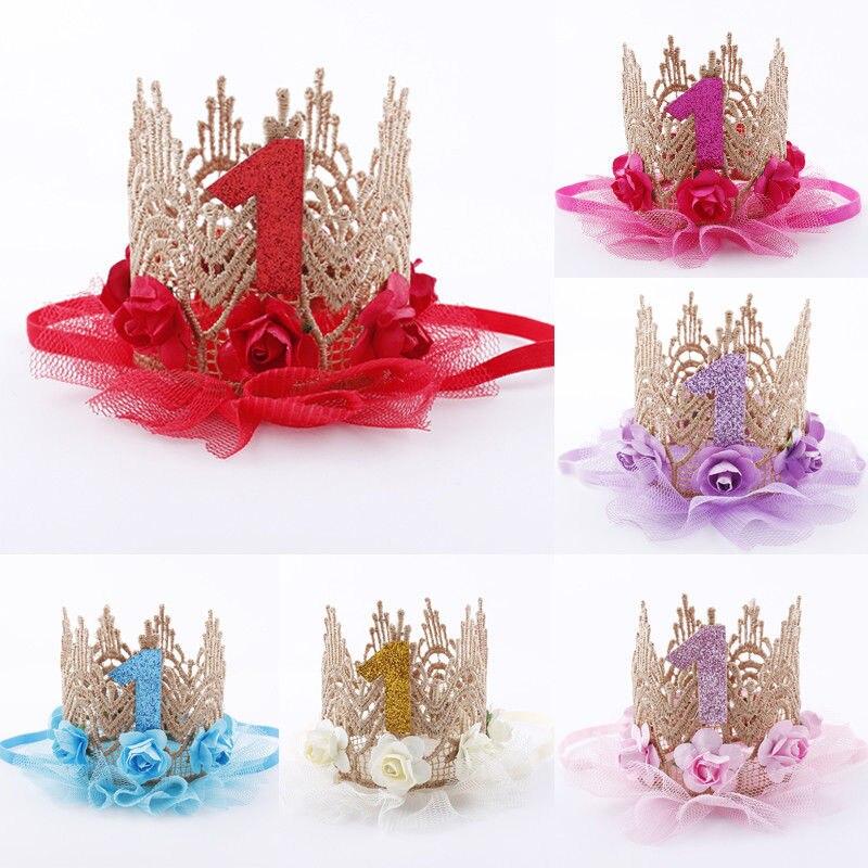 1Pc Baby Girl Happy Birthday Party Hats Kids One Year Flower Princess Crown Headband Baby Shower 1St Birthday Decor Party Supply