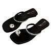 Spring and Summer 2025 New Rhinestone Sandals Outer Wear Women's Shoes Low Heel Square Head Cover Toe Fairy Style with Skirt Sandals