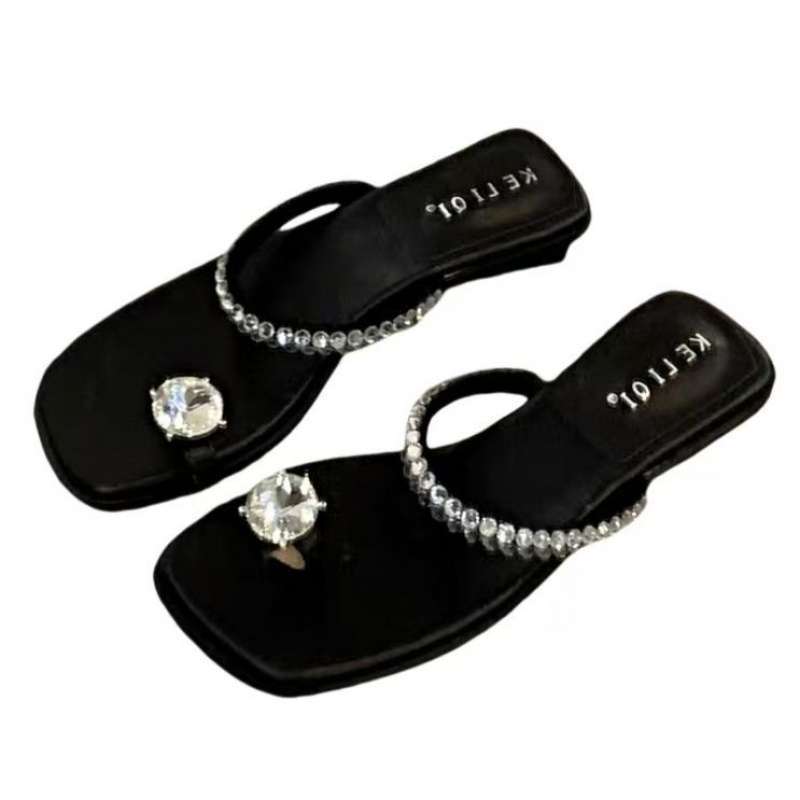 Spring and summer 2025 new rhinestone sandals outer wear women's shoes low heel square head cover toe fairy style with skirt sandals