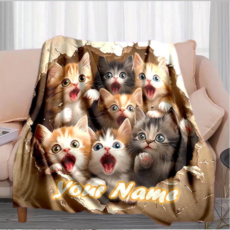 1PC Custom Name Kittens Through Wall flannel blanket versatile, all-season throw suitable for the living room, bedroom, camping, travel, and gift