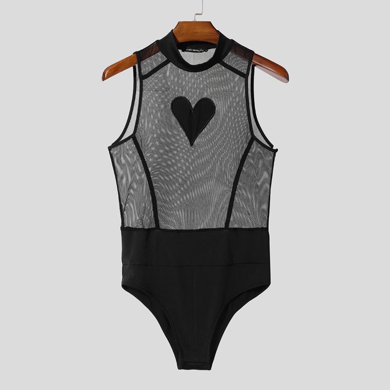 INCERUN Men Sleeveless Mesh Patchwork Printed Briefs Jumpsuits Bodysuits