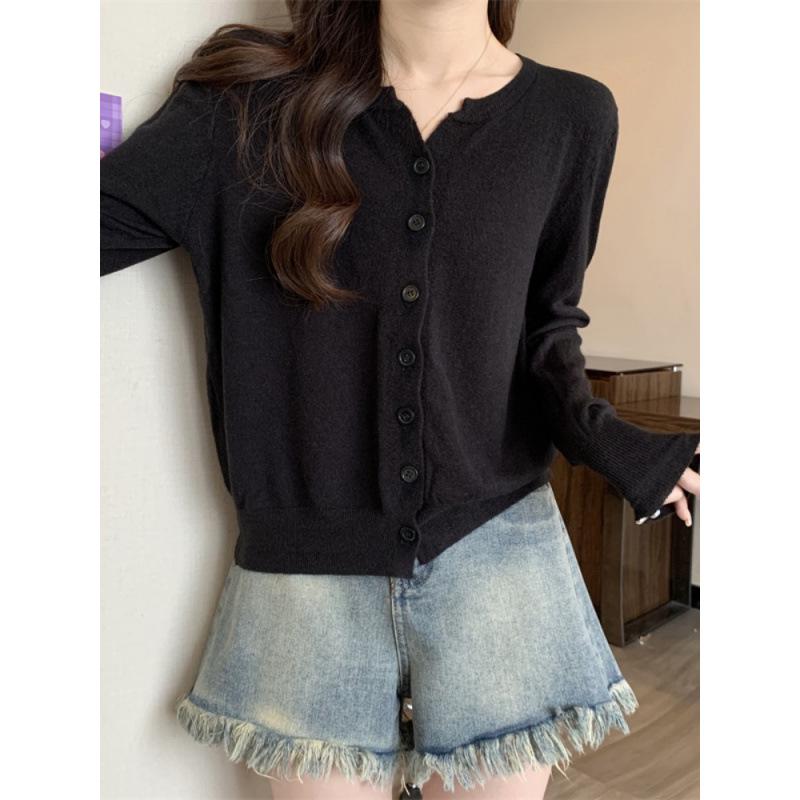 Women's Autumn Knit Cardigan: Short, Simple, Versatile Loose Fit, Casual Round Neck Long Sleeve Jacket