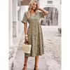 Sommerkleid für Damen, V-Ausschnitt, elegant, bedruckt, kurzärmelig, hohe Taille, A-Linie, Blumenmuster, Urlaubskleid
