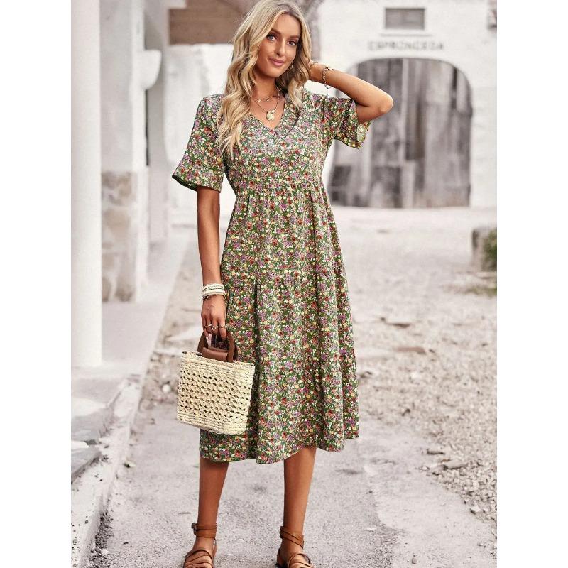 Sommerkleid für Damen, V-Ausschnitt, elegant, bedruckt, kurzärmelig, hohe Taille, A-Linie, Blumenmuster, Urlaubskleid