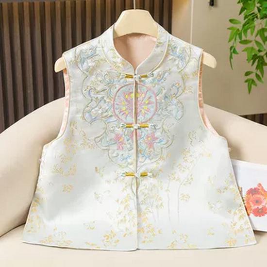 Silk Embroidered Chinese Tang Style Sleeveless Vest with Frog Buttons for Women 2XL