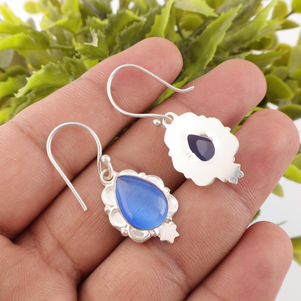 Dark Blue Cat's Eye Gemstone Earrings , 925 Solid Sterling Silver Designer Jewelry, Handmade Spiritual Earrings Gift For Sister