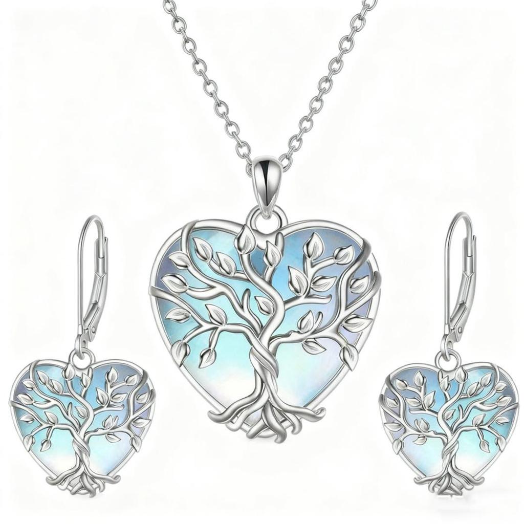 Moonstone Earring & Necklace Set - Heart Tree of Life, Luxurious European & American Style for Women