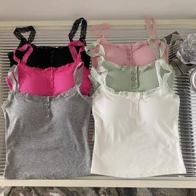 Women Sling Vest Pure Color Lace Splicing Bottom Tops with Built-in Chest Pad Soft Stretchy Camisole Work Party Vacation Wear