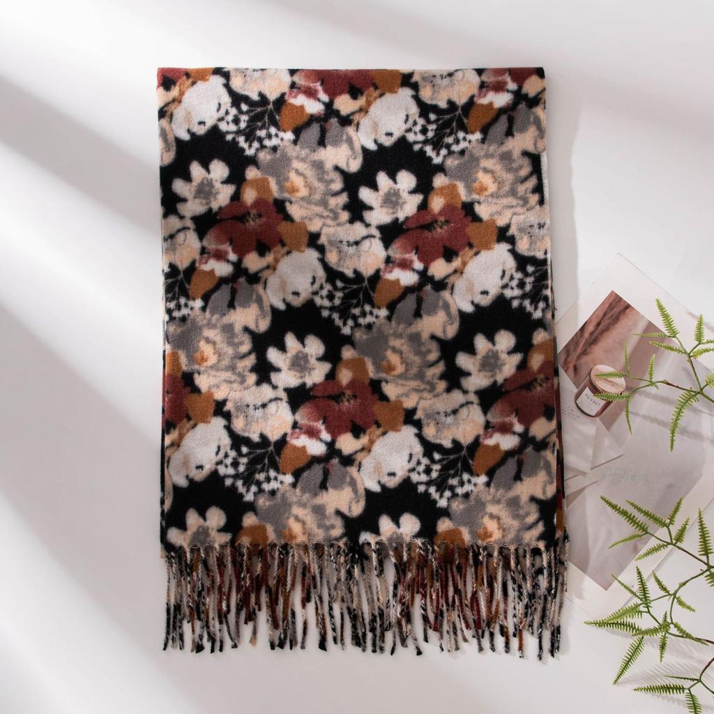 New Soft and Warm Imitation Cashmere Small Flower Printed Tassel Scarf High End Women's Scarf Shawl
