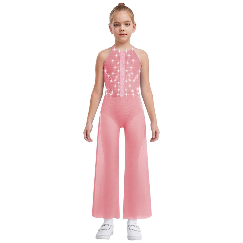 Girls Rhinestone Dance Bodysuit - Shimmery Sleeveless Jumpsuit with Keyhole Back & Side Splits, Built-in Briefs for Performances