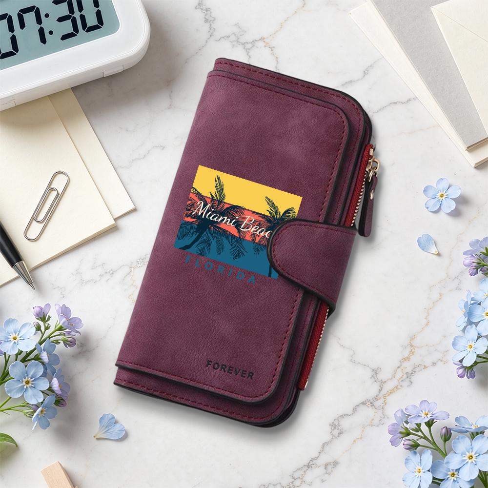 Stylish Women Leisure Long Purse Card Holders Miami Beach Printed Portable Multi Slot Money Wallet Fashion Simple Daily Use Small Bag
