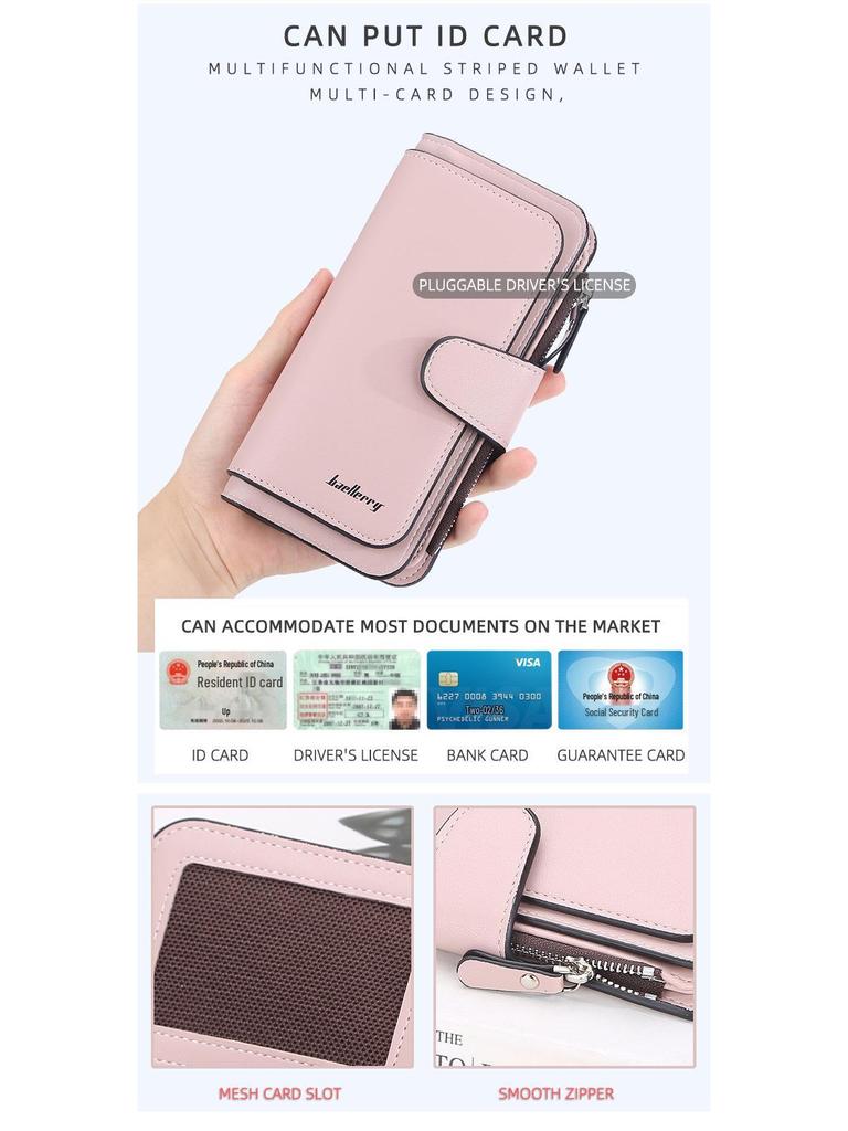 Portofel lung triplu pliabil pentru femei Baellerry - Stil coreean, Sloturi multiple pentru carduri, Fermoar, Clutch cu cataramă la modă