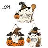Halloween Party Decor Wooden Ghost Welcome Sign for Front Door, Rustic Cartoon Hanging Door Hanger Plaque with Pumpkin Wizard Hat And Broom