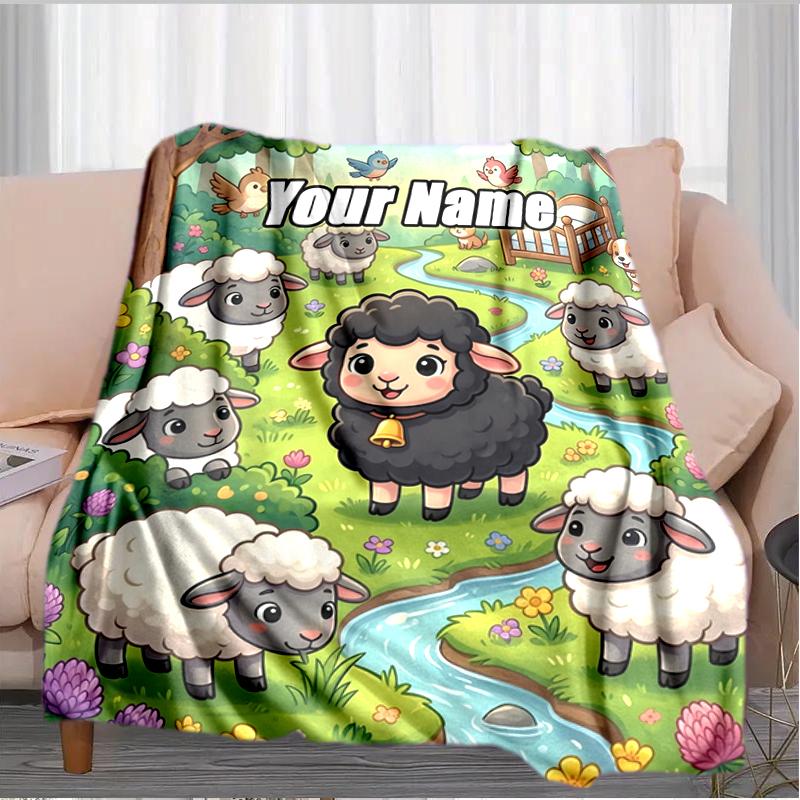 1PC Custom Name Sheep Garden flannel blanket versatile,all-season throw suitable for the living room,bedroom,camping,travel,and gift