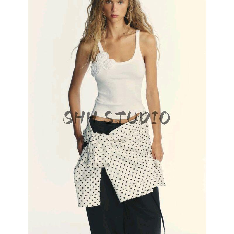 Autumn New Women's Clothing Minimalist Style Three-Dimensional Flower Rib round-Neck Sling Tops 5644859