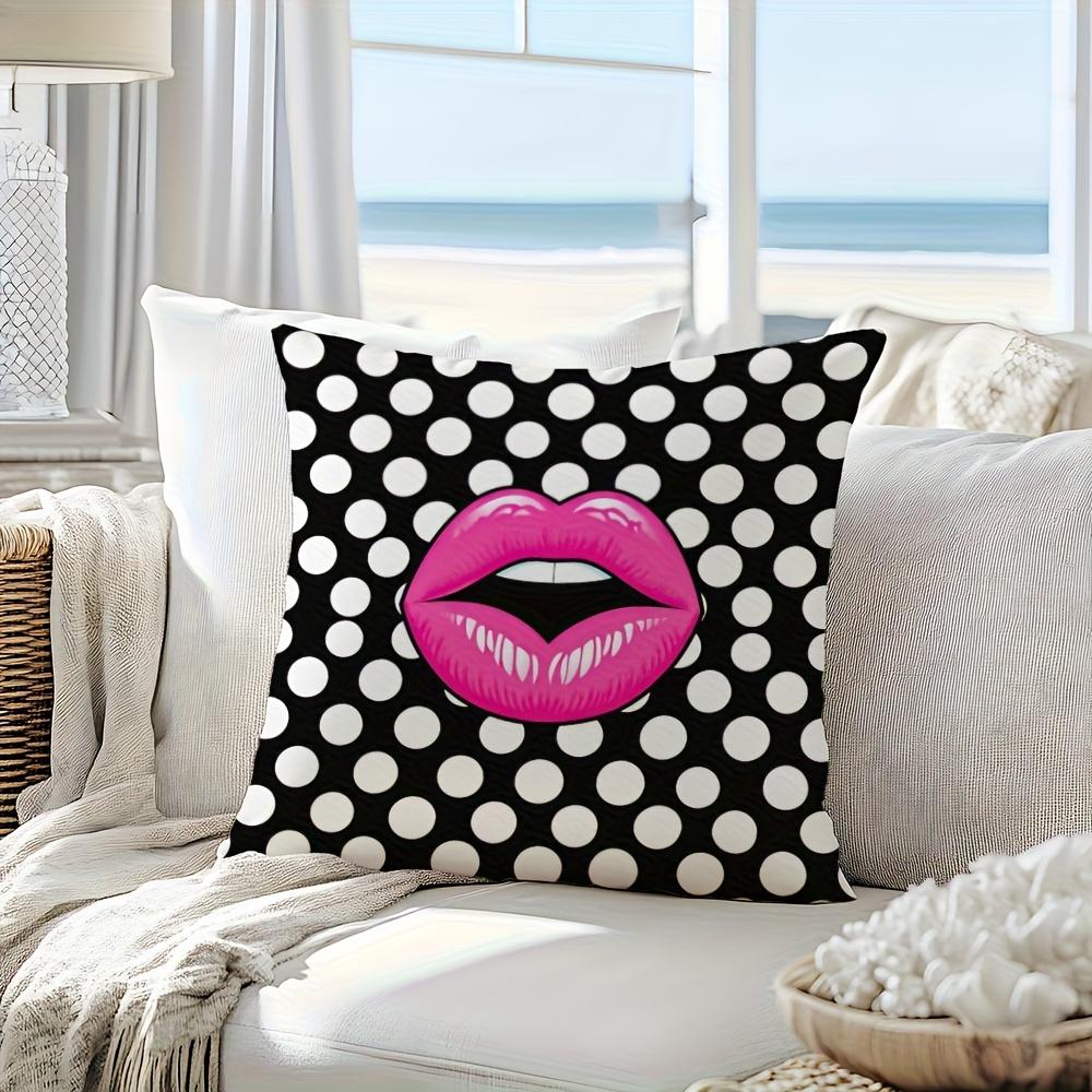1Pc Trendy Hot Pink Lips Pillow Cover, 2D Double-Sided Print Polyester Pillowcase, Y2K Polka Dot Decor, Cool Gift For Teens & Gi