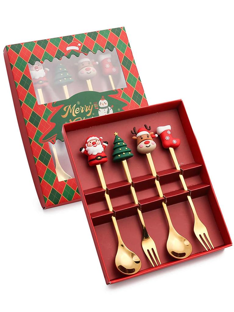 Leeseph Christmas Coffee Spoons Forks Set (4/6Pcs), Stainless Steel Spoon Forks Christmas Gifts for Kids(Red/Green Gift Box Set)
