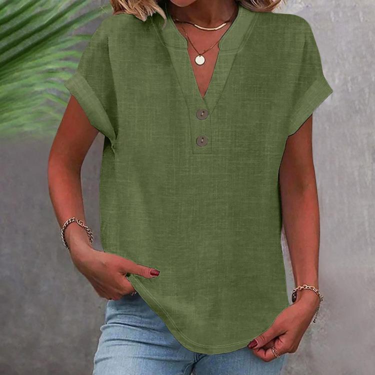 Women Casual V Neck Short Sleeve Button Down Shirt Solid Color T Shirt Top Fashion