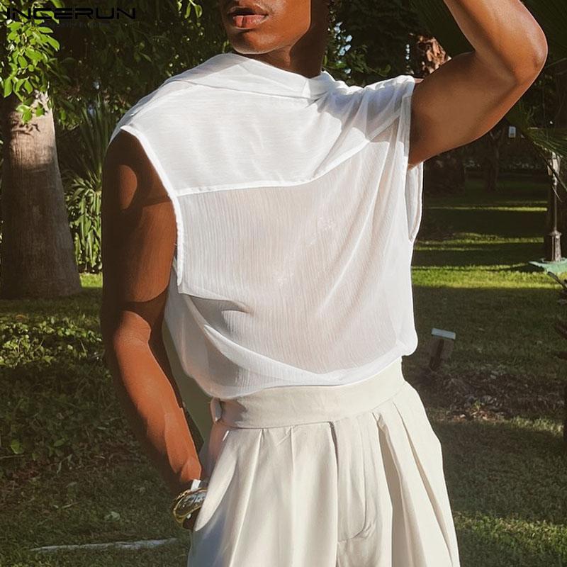 

INCERUN Men Ruffled Swing Backless Mesh See Through Sleeveless Tank Tops 4XL белый
