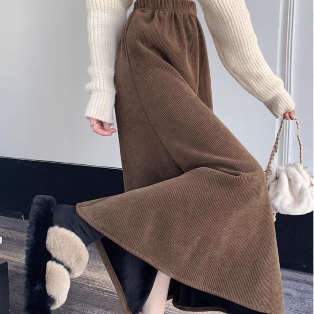 Autumn Winter Women's Fleece-Lined Thickened Corduroy Midi Skirt Retro High Waist Slim-Fit A-Line Long Skirt