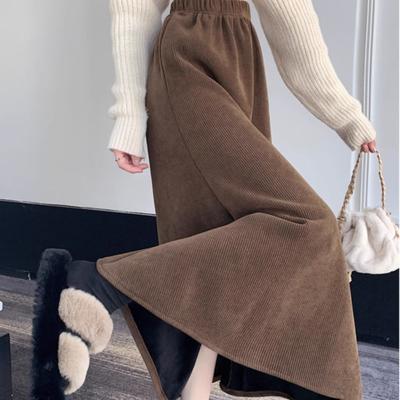 Herbst Winter Damen Fleecegefütterter Verdickter Cord Midirock Retro Hohe Taille Slim-Fit A-Linie Langer Rock