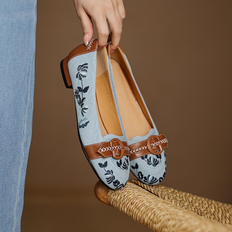 Mode 2025 Neue Damenschuhe Mode Frühlingspumps Runde Zehenpartie Slipper Lässige Damenschuhe Blockabsatz Niedriger Absatz Denim-Pumps Flach