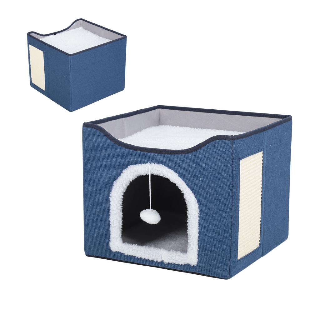 Foldable Cat House 2 Layer Collapsible Kitten House Multifunctional Cat Cave Bed Soft Cat Scratcher
