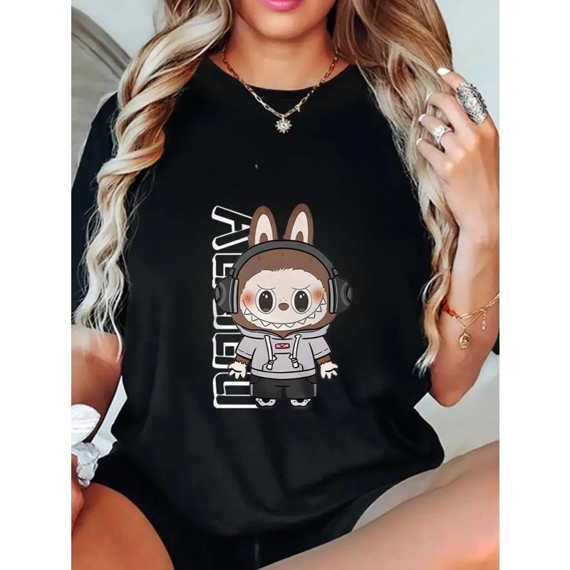 Black Oversized T-Shirt with Cute-Edgy Bunny-Eared Shark-Tooth Cartoon Print – Headphone-Wearing Trendy Anime Graphic Top