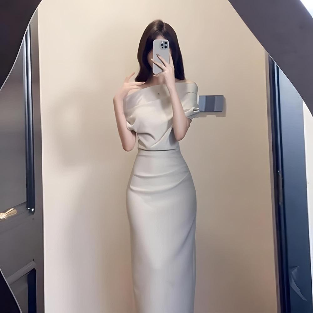 Temperament swing collar slanted shoulder dress women's summer new irregular waist thin hip wrap dress skirt