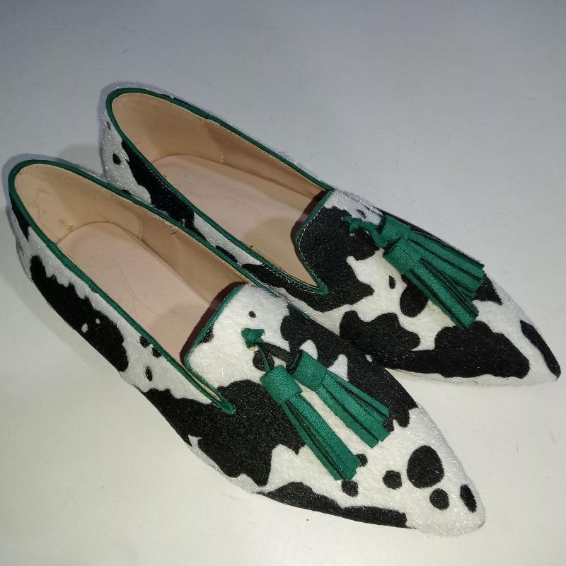Seasonal new low-heeled pointed cow pattern fringed casual shoes