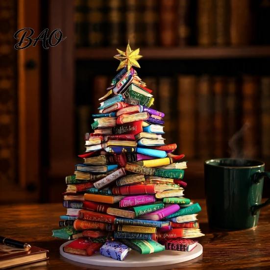 Artistic Holiday Room Accents Stacked Book Christmas Tree Ornament, 2D Flat Stacking Hanging Decoration, Acrylic Ornament Gift Reading Theme Pendant,